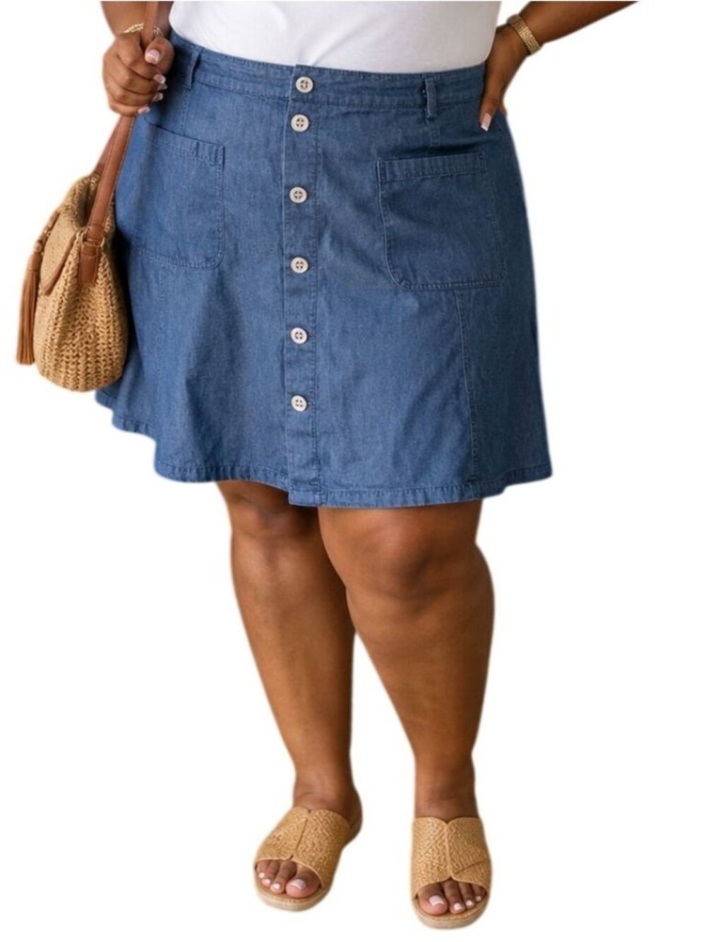 Robert Louis Plus Size 2X Skirt A-Line Mini Blue Chambray Button Front Pocketed